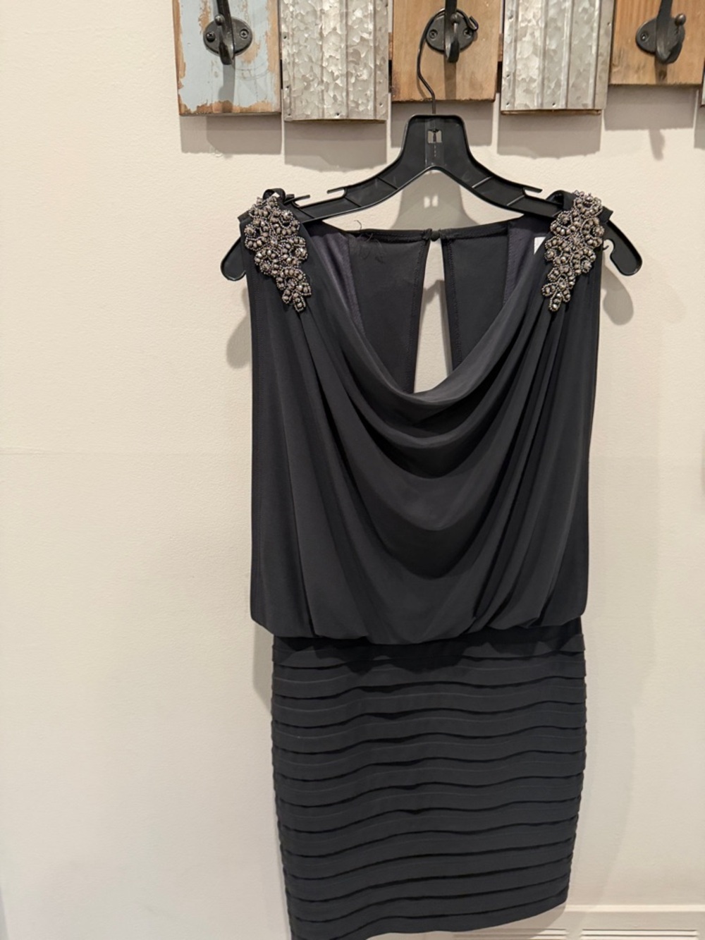 Cache Black Embellished Draped Midi Dress